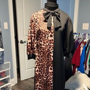 Black & Leopard Print Maxi Dress with Bow Tie